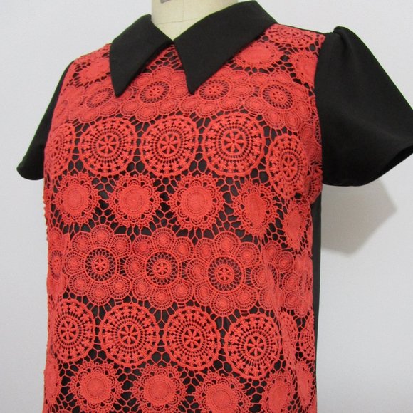 Orange Lace Top Pointed Collar Black Crepe - Picture 3 of 9